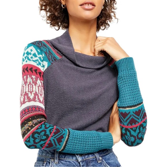 Free People Womens Gray Fair Isle Cowl Neck Pullover Sweater Top XS - Picture 1 of 2